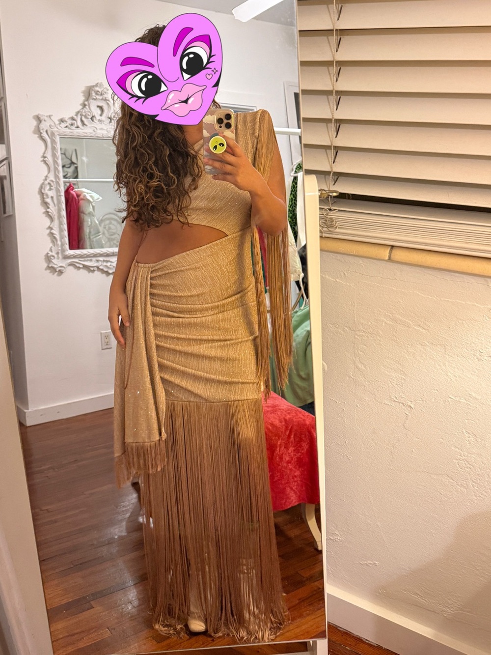 Gold, Bronze Fringe One-Shoulder Maxi Dress with cut out